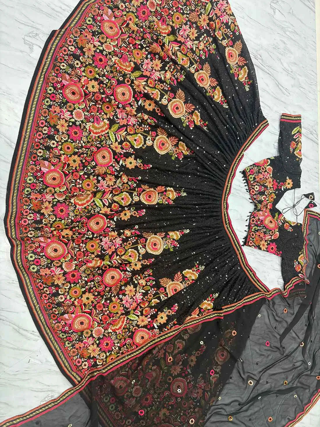 Black Georgette Lehenga With Multi Thread Flower And Sequins Work