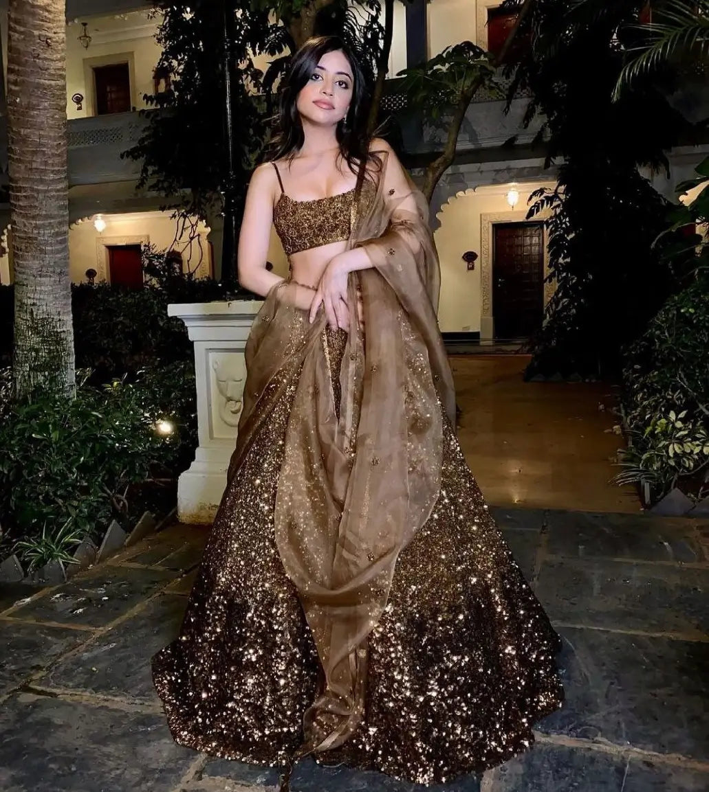 Brownish Golden Satin Lehenga With Sequins Embroidery Work With Dupatta