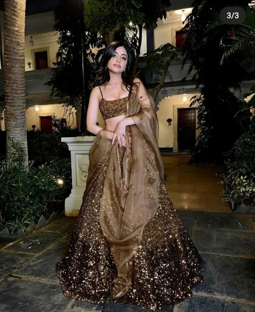 Brownish Golden Satin Lehenga With Sequins Embroidery Work With Dupatta