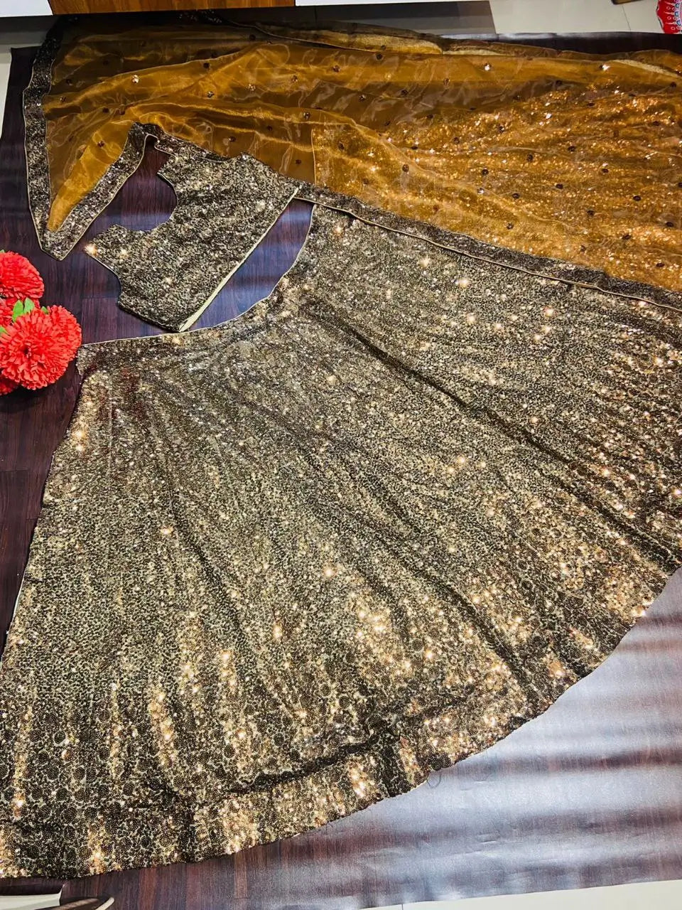 Brownish Golden Satin Lehenga With Sequins Embroidery Work With Dupatta