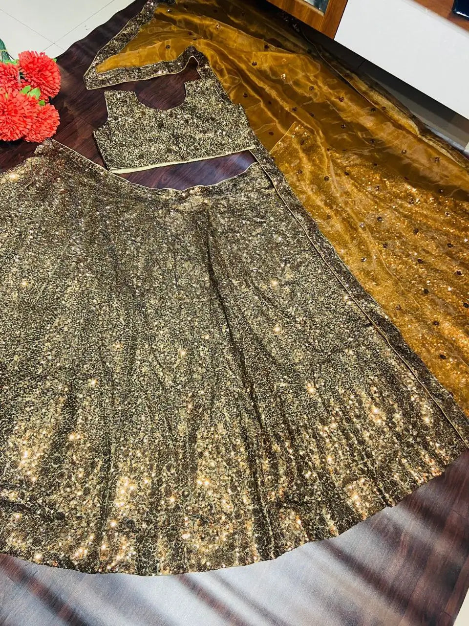 Brownish Golden Satin Lehenga With Sequins Embroidery Work With Dupatta