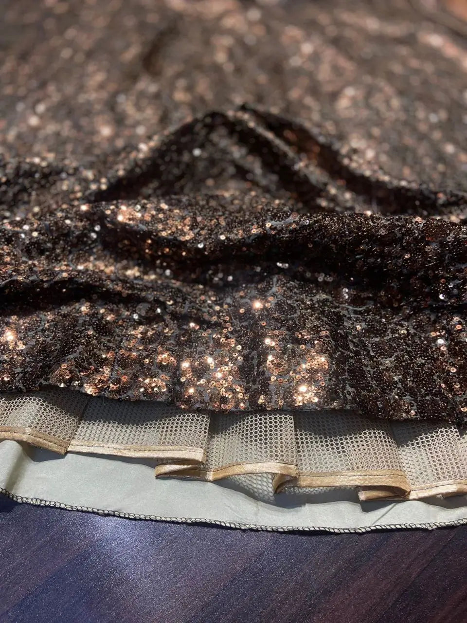 Brownish Golden Satin Lehenga With Sequins Embroidery Work With Dupatta