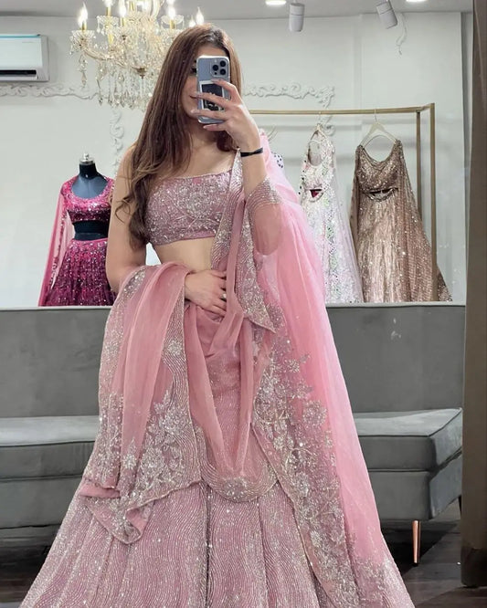 Light Pink Shimmer Dori Sequins Embroidery Work Georgette Lehenga Choli