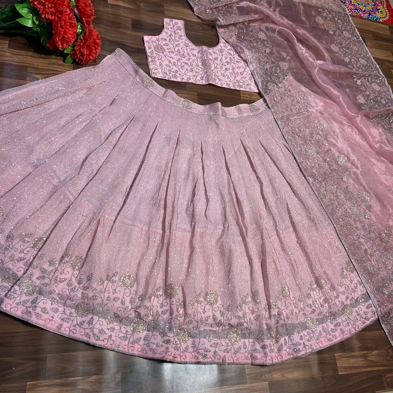 Light Pink Shimmer Dori Sequins Embroidery Work Georgette Lehenga Choli