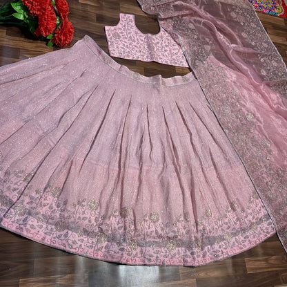 Light Pink Shimmer Dori Sequins Embroidery Work Georgette Lehenga Choli