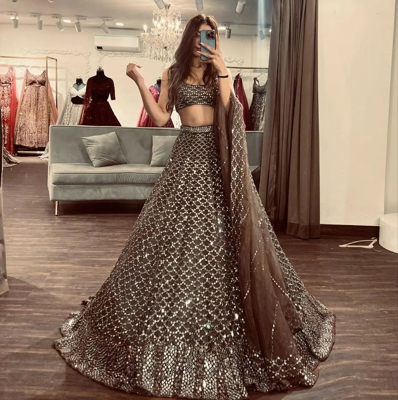 Cocoa Brown Net Lehenga With Heavy Sequins Work  With Dupatta