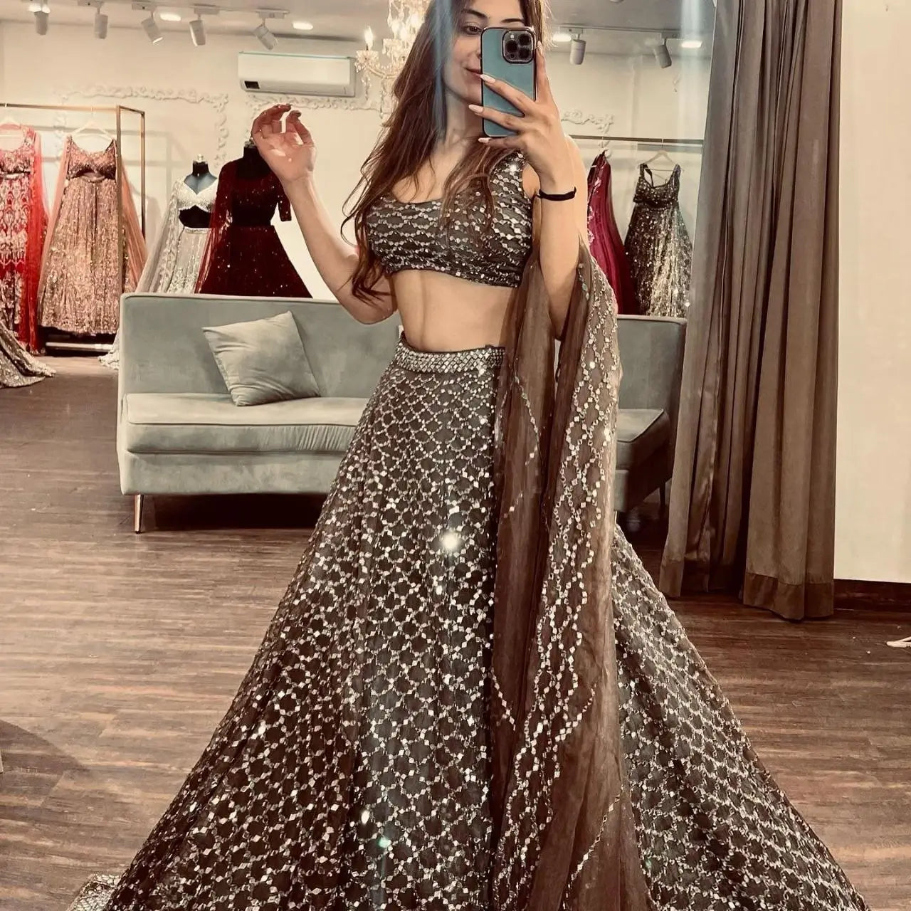 Cocoa Brown Net Lehenga With Heavy Sequins Work  With Dupatta