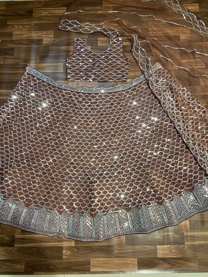 Cocoa Brown Net Lehenga With Heavy Sequins Work  With Dupatta