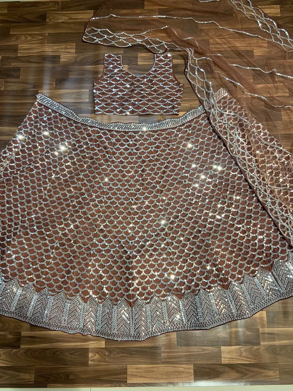 Cocoa Brown Net Lehenga With Heavy Sequins Work  With Dupatta