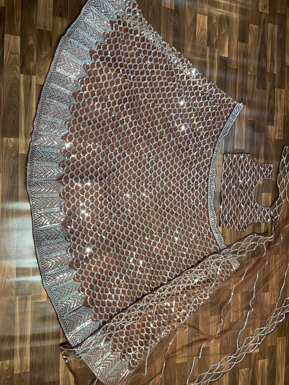Cocoa Brown Net Lehenga With Heavy Sequins Work  With Dupatta