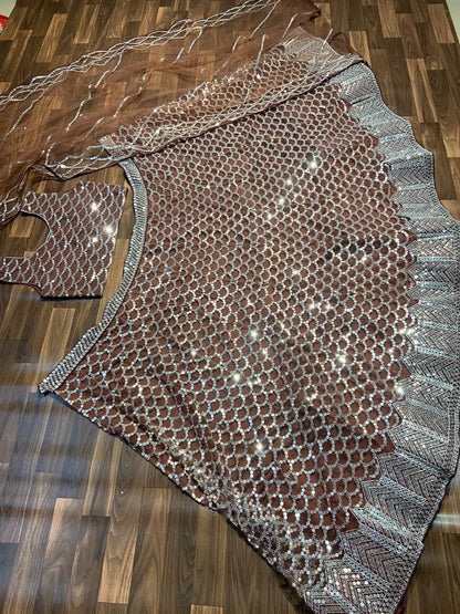 Cocoa Brown Net Lehenga With Heavy Sequins Work  With Dupatta