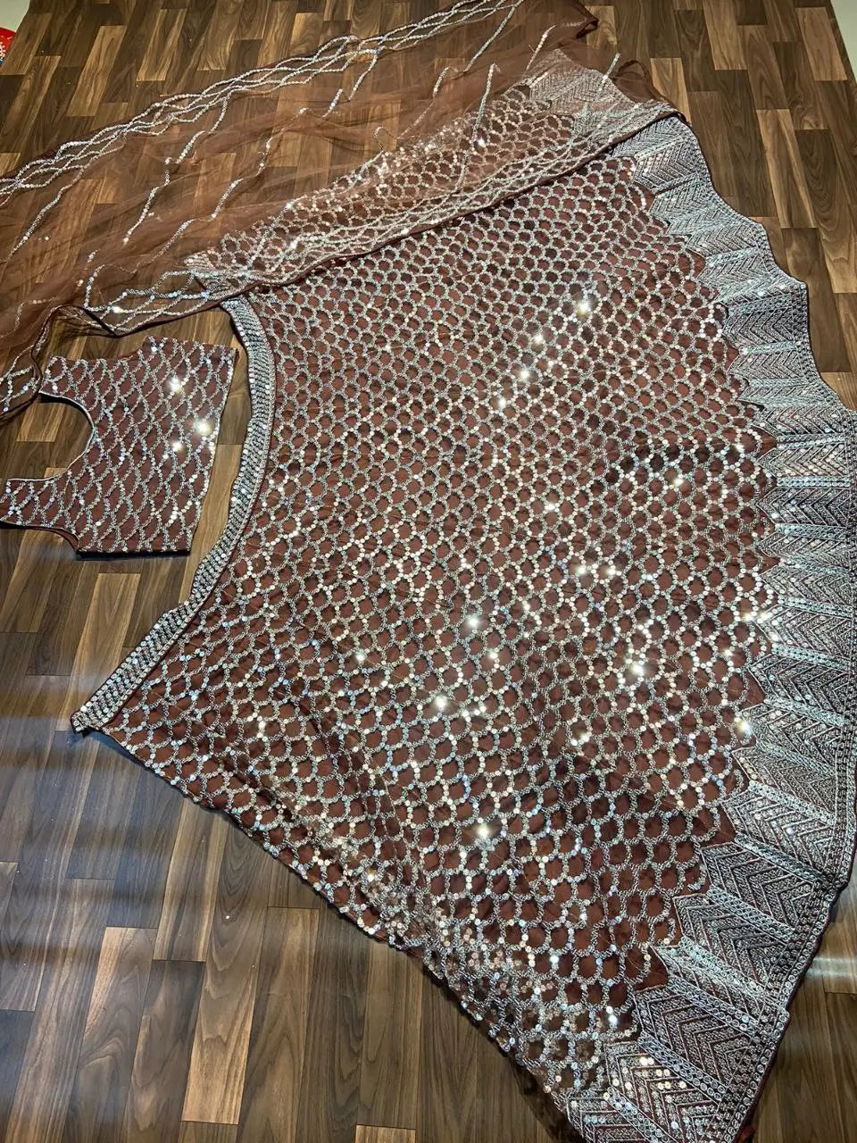Cocoa Brown Net Lehenga With Heavy Sequins Work  With Dupatta