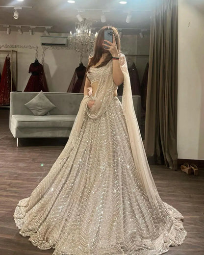 Ivory Cream Organza Lehenga With Beautiful Coding And Sequins Embroidery Work