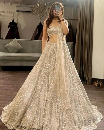 Ivory Cream Organza Lehenga With Beautiful Coding And Sequins Embroidery Work