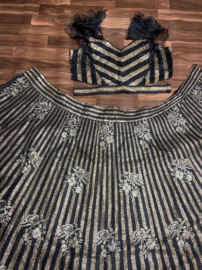 Designer Black Party Wear Lehenga With Dori Sequins Embroidery Work