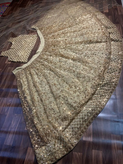 Light Brown Net Lehenga With Heavy Sequins Embroidery Work