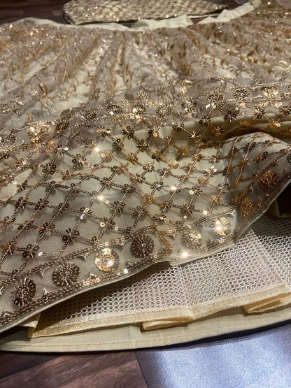 Light Brown Net Lehenga With Heavy Sequins Embroidery Work