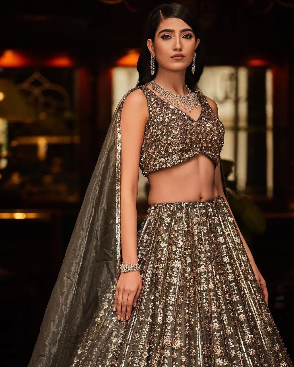 Designer Grey Heavy Sequins Work Party Wear Lehenga With Dupatta