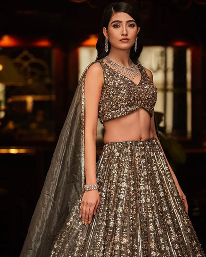 Designer Grey Heavy Sequins Work Party Wear Lehenga With Dupatta