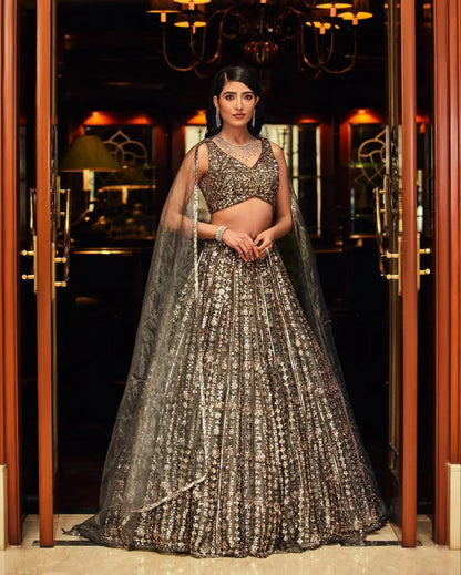 Designer Grey Heavy Sequins Work Party Wear Lehenga With Dupatta