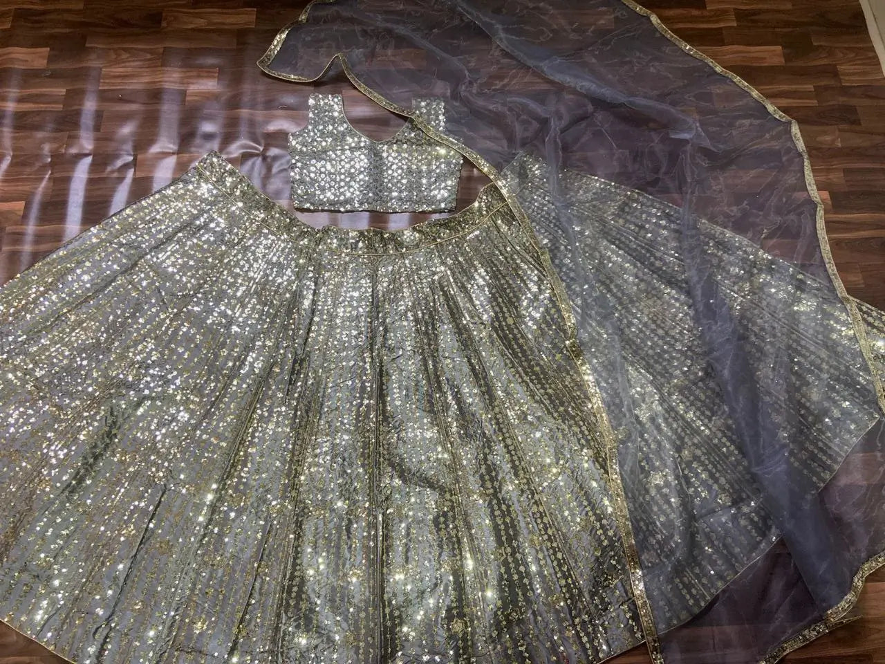 Designer Grey Heavy Sequins Work Party Wear Lehenga With Dupatta