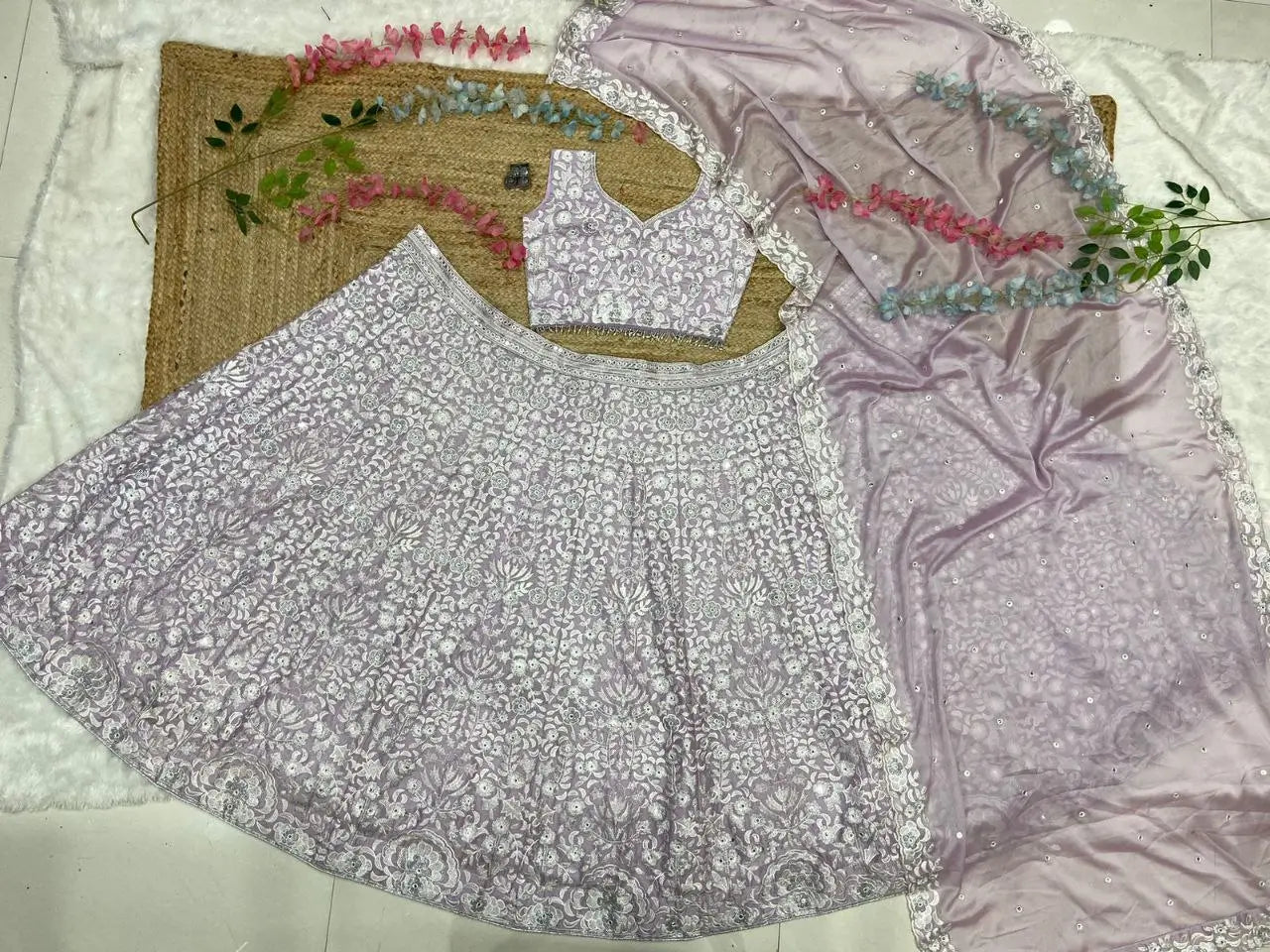 Light Mauve Georgette Lehenga With Whiscose Thread Sequins Embroidery Work