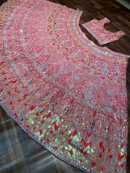 Baby Pink Sequins Thread And Foil Mirror Work Georgette Lehenga