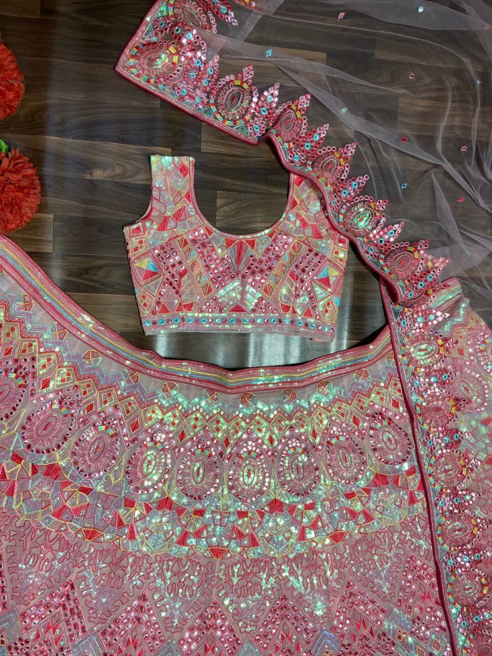 Baby Pink Sequins Thread And Foil Mirror Work Georgette Lehenga