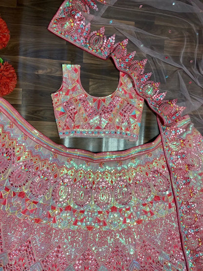 Baby Pink Sequins Thread And Foil Mirror Work Georgette Lehenga