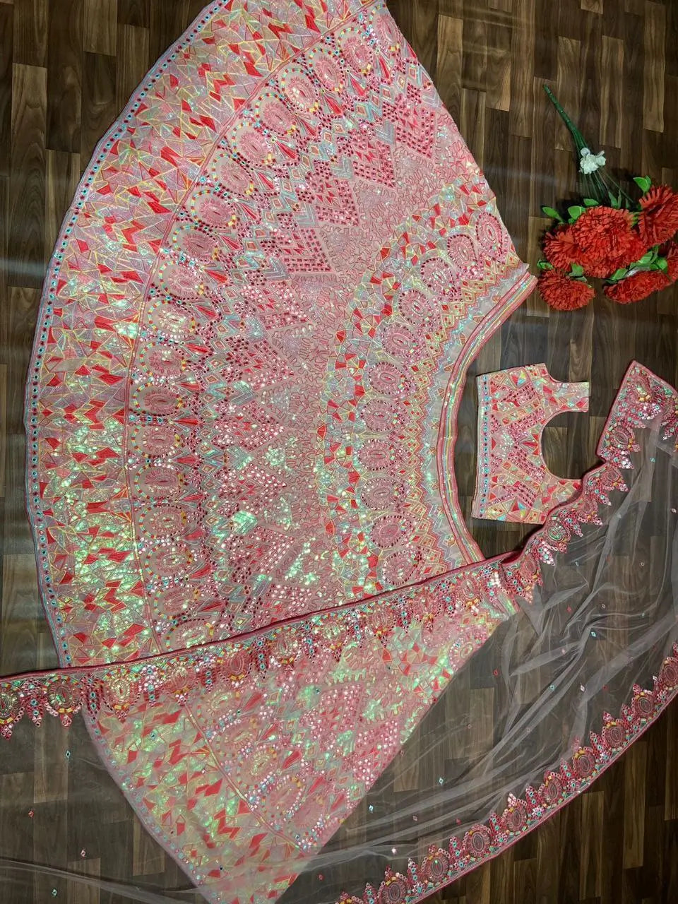 Baby Pink Sequins Thread And Foil Mirror Work Georgette Lehenga
