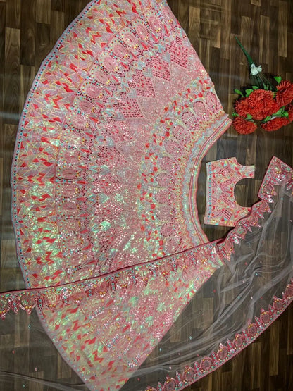 Baby Pink Sequins Thread And Foil Mirror Work Georgette Lehenga