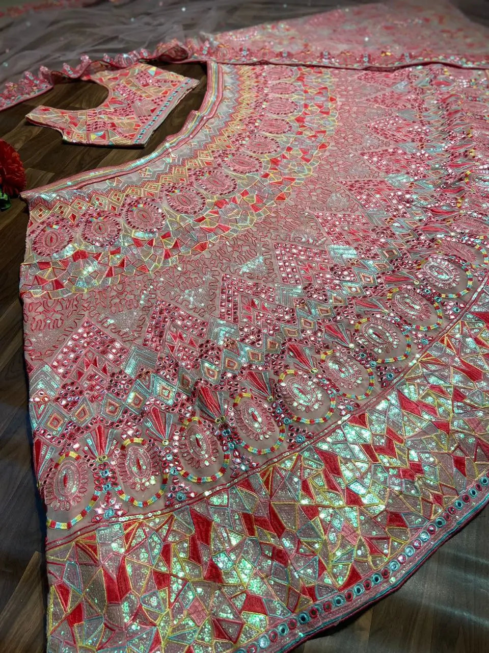 Baby Pink Sequins Thread And Foil Mirror Work Georgette Lehenga