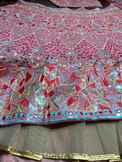 Baby Pink Sequins Thread And Foil Mirror Work Georgette Lehenga