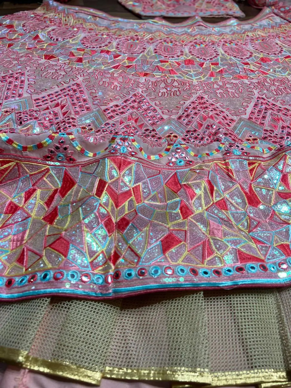 Baby Pink Sequins Thread And Foil Mirror Work Georgette Lehenga