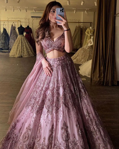 Mauve Pink Glitter Dori Embroidery Work Soft Net Party Wear Lehenga