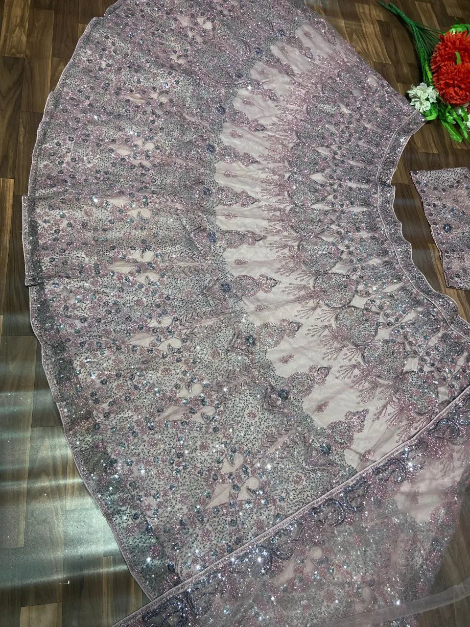 Mauve Pink Glitter Dori Embroidery Work Soft Net Party Wear Lehenga