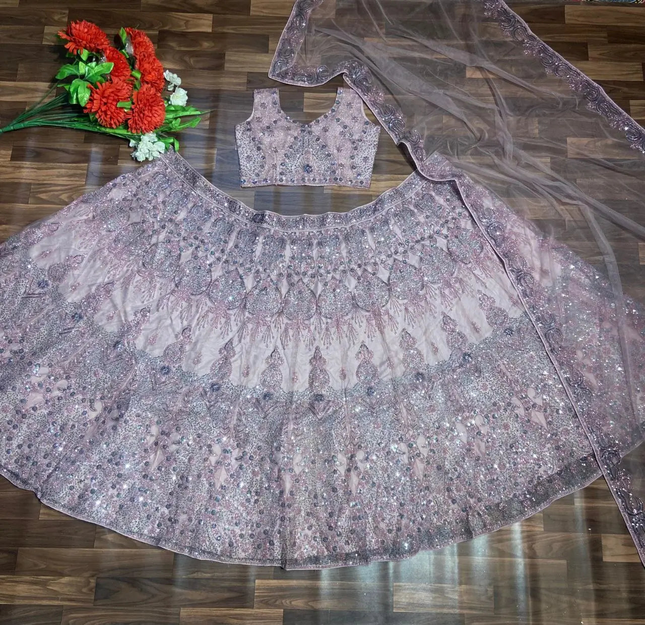 Mauve Pink Glitter Dori Embroidery Work Soft Net Party Wear Lehenga