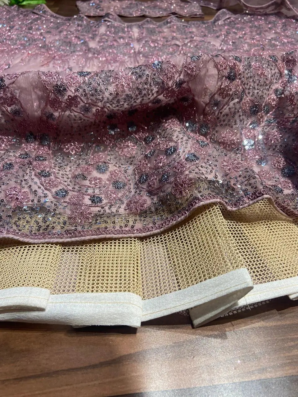 Mauve Pink Glitter Dori Embroidery Work Soft Net Party Wear Lehenga