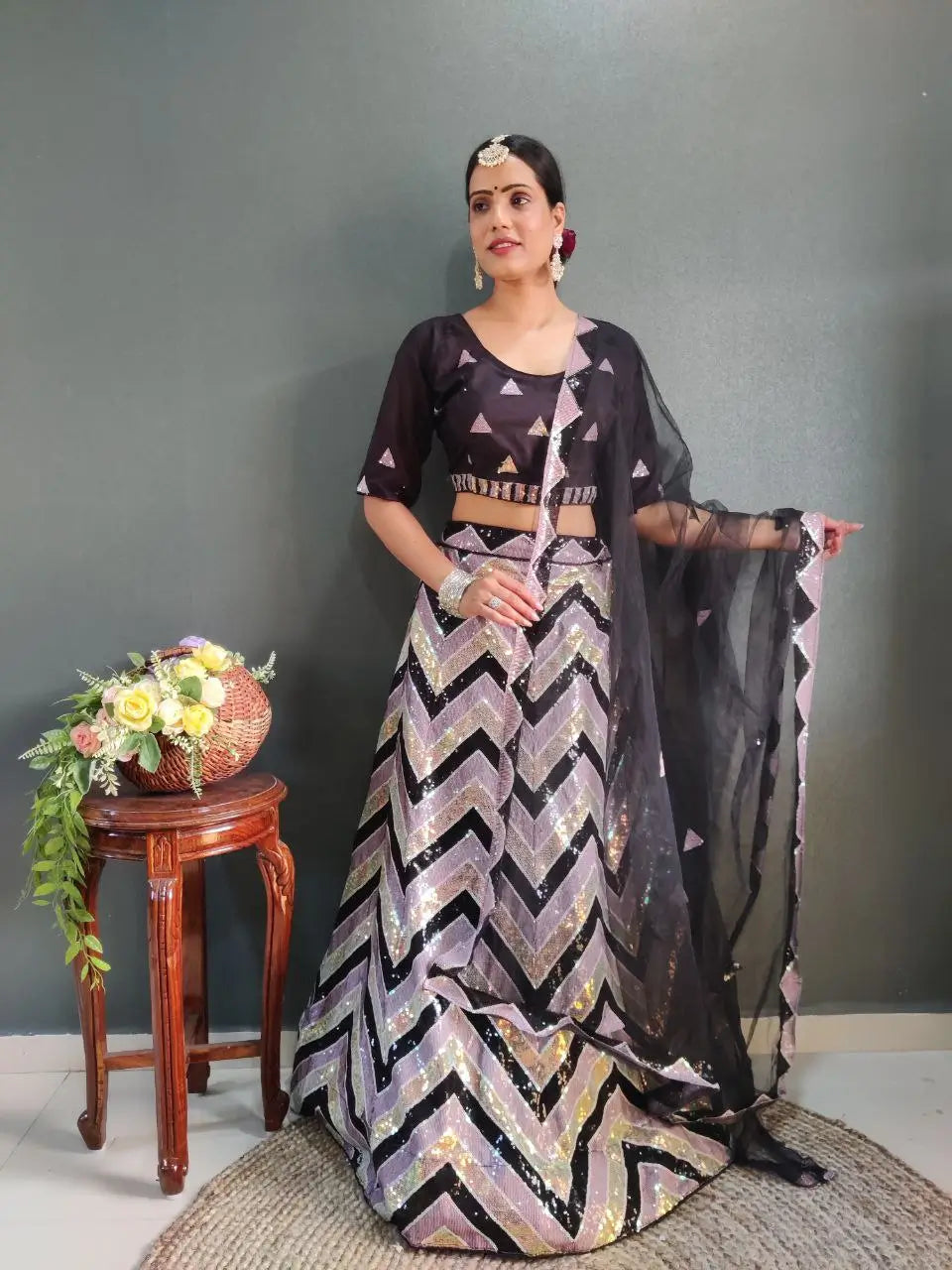 Black Heavy Multi Sequins And Thread Embroidery Work Net Lehenga Choli