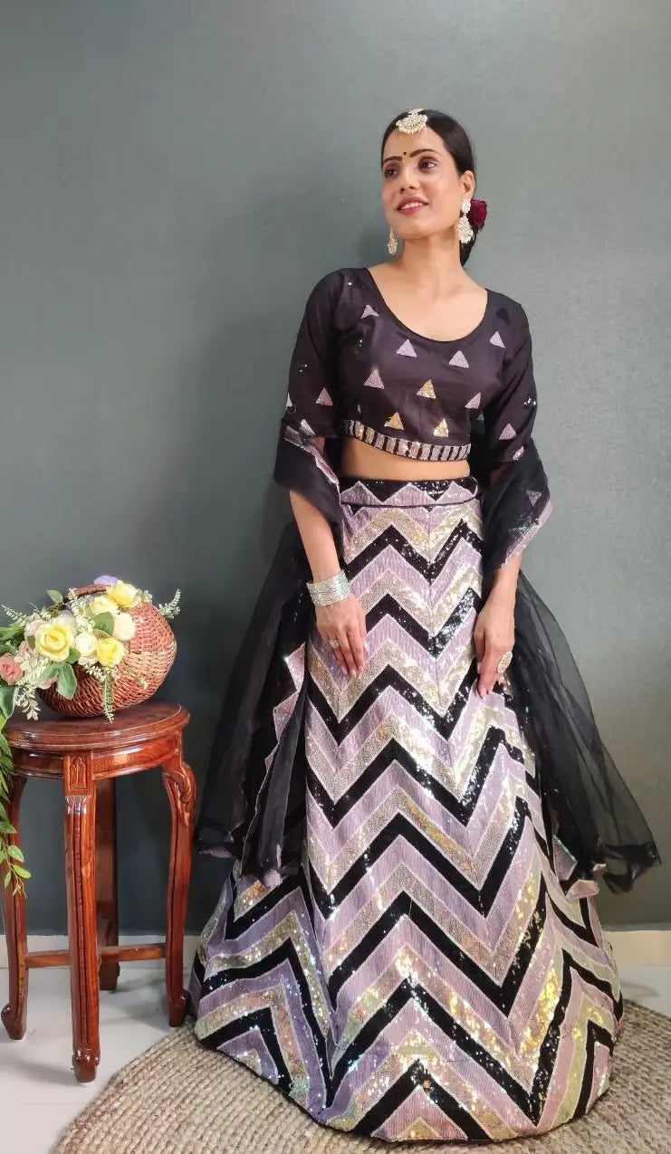Black Heavy Multi Sequins And Thread Embroidery Work Net Lehenga Choli