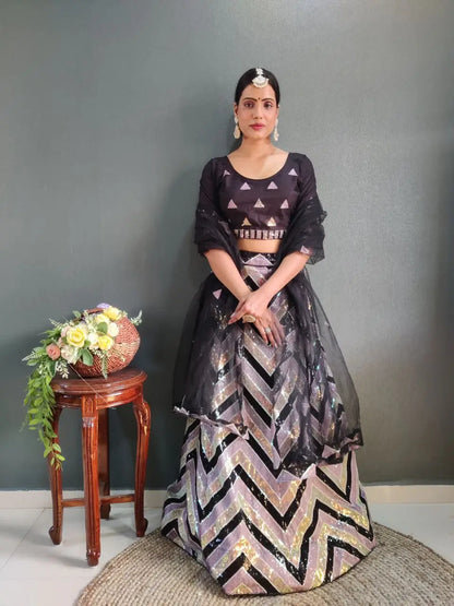 Black Heavy Multi Sequins And Thread Embroidery Work Net Lehenga Choli