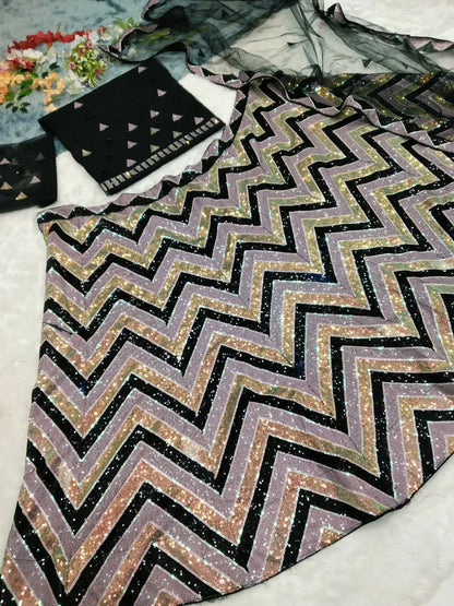 Black Heavy Multi Sequins And Thread Embroidery Work Net Lehenga Choli