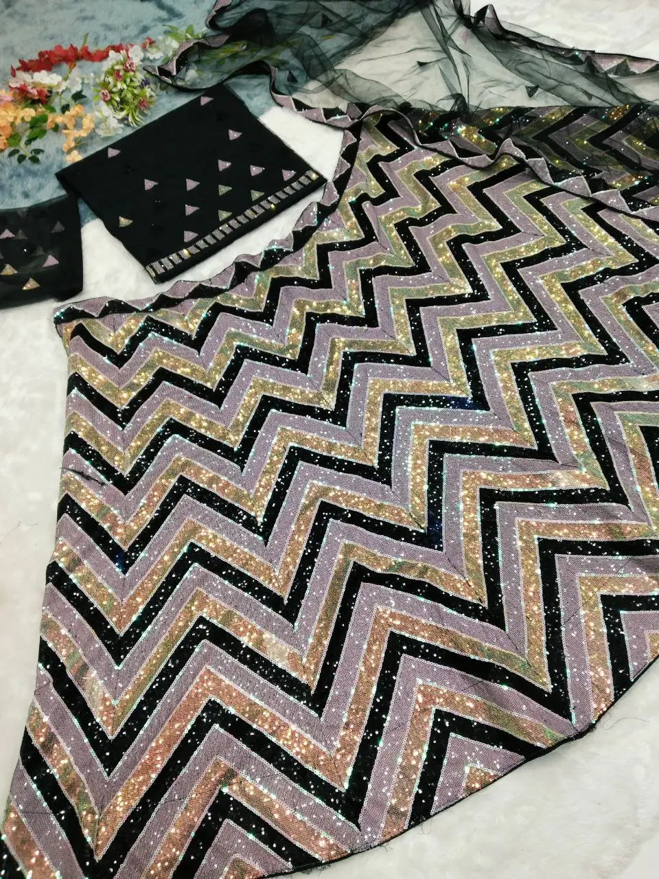 Black Heavy Multi Sequins And Thread Embroidery Work Net Lehenga Choli