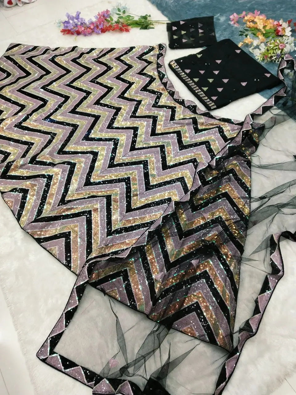 Black Heavy Multi Sequins And Thread Embroidery Work Net Lehenga Choli