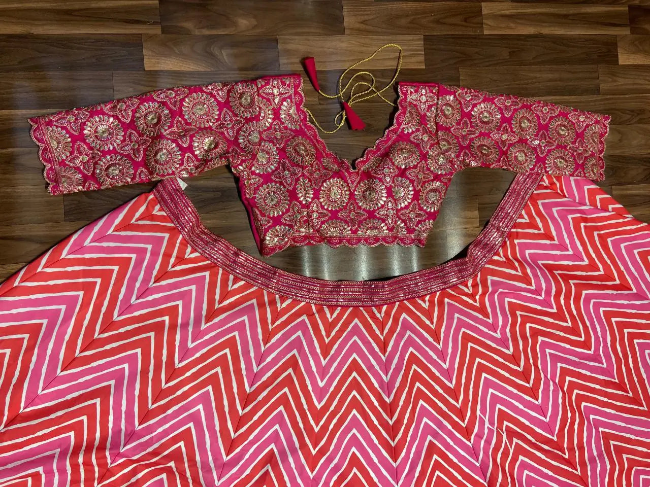 Multi Color Laheriya Print Lehenga With Coding & foil Work And Pink Dupatta