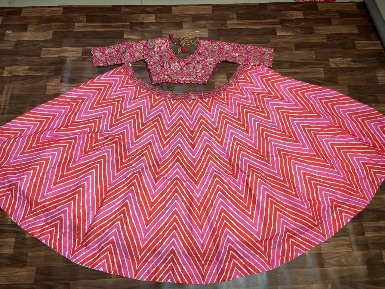 Multi Color Laheriya Print Lehenga With Coding & foil Work And Pink Dupatta