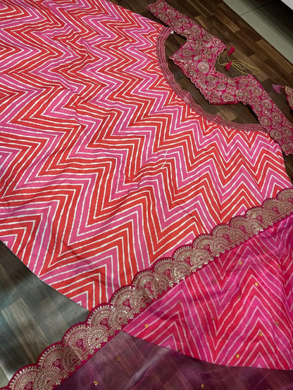 Multi Color Laheriya Print Lehenga With Coding & foil Work And Pink Dupatta
