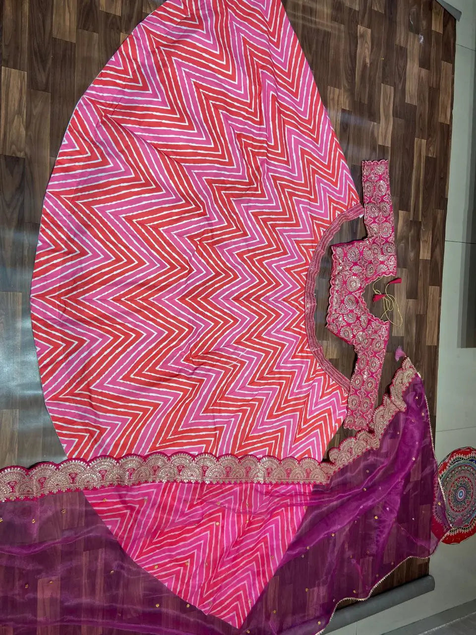 Multi Color Laheriya Print Lehenga With Coding & foil Work And Pink Dupatta