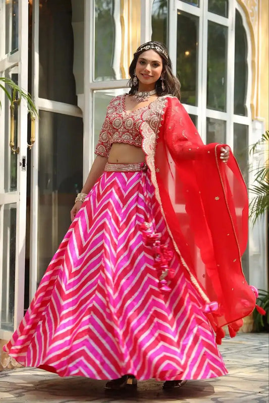 Multi Color Laheriya Print Lehenga With Coding & foil Work And Red Dupatta