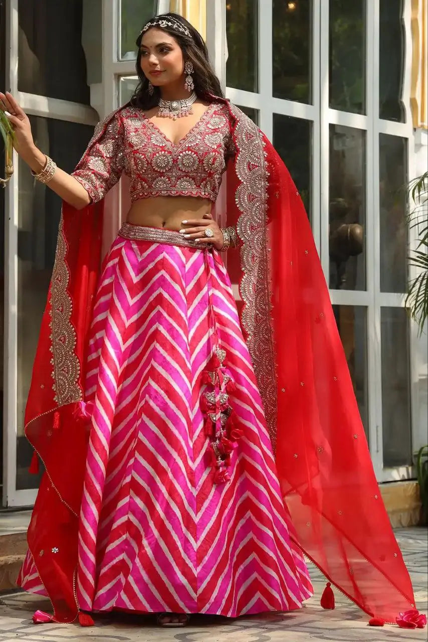 Multi Color Laheriya Print Lehenga With Coding & foil Work And Red Dupatta
